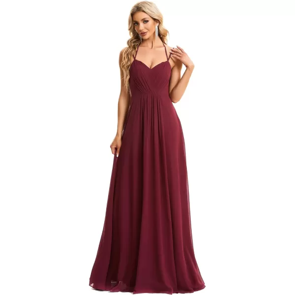 EverPretty Womens Chiffon Ruched V Neck Sleeveless Appliques Spaghetti Strap Backless ALine Bridesmaid Dresses 01692Burgundy