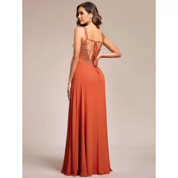 EverPretty Womens Chiffon Ruched V Neck Sleeveless Appliques Spaghetti Strap Backless ALine Bridesmaid Dresses 01692Burnt Orange