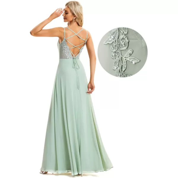 EverPretty Womens Chiffon Ruched V Neck Sleeveless Appliques Spaghetti Strap Backless ALine Bridesmaid Dresses 01692Mint Green