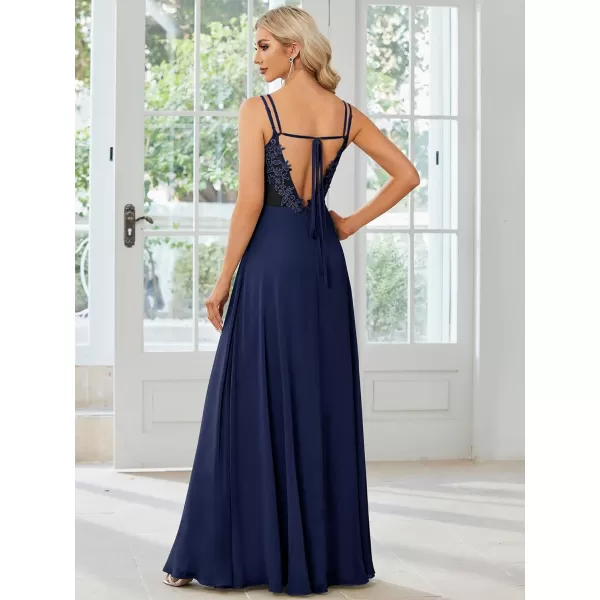 EverPretty Womens Chiffon Ruched V Neck Sleeveless Appliques Spaghetti Strap Backless ALine Bridesmaid Dresses 01692Navy Blue