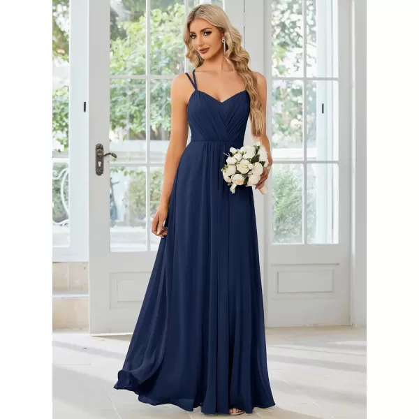 EverPretty Womens Chiffon Ruched V Neck Sleeveless Appliques Spaghetti Strap Backless ALine Bridesmaid Dresses 01692Navy Blue