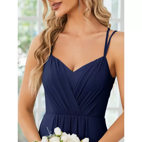 EverPretty Womens Chiffon Ruched V Neck Sleeveless Appliques Spaghetti Strap Backless ALine Bridesmaid Dresses 01692Navy Blue