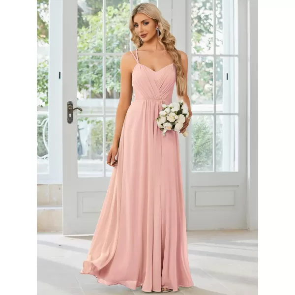 EverPretty Womens Chiffon Ruched V Neck Sleeveless Appliques Spaghetti Strap Backless ALine Bridesmaid Dresses 01692Pink