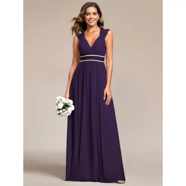 EverPretty Womens Chiffon V Neck Cap Sleeve Backless Pearl Waistline Bridesmaid Dress 08698USADark Purple