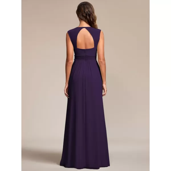 EverPretty Womens Chiffon V Neck Cap Sleeve Backless Pearl Waistline Bridesmaid Dress 08698USADark Purple