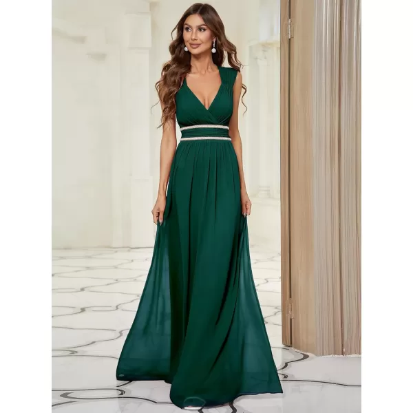 EverPretty Womens Chiffon V Neck Cap Sleeve Backless Pearl Waistline Bridesmaid Dress 08698USADeep Green