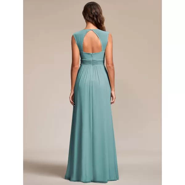 EverPretty Womens Chiffon V Neck Cap Sleeve Backless Pearl Waistline Bridesmaid Dress 08698USADusty Blue