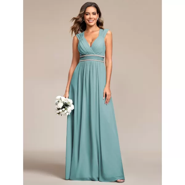 EverPretty Womens Chiffon V Neck Cap Sleeve Backless Pearl Waistline Bridesmaid Dress 08698USADusty Blue