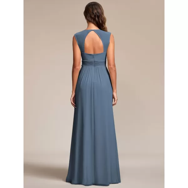 EverPretty Womens Chiffon V Neck Cap Sleeve Backless Pearl Waistline Bridesmaid Dress 08698USADusty Navy