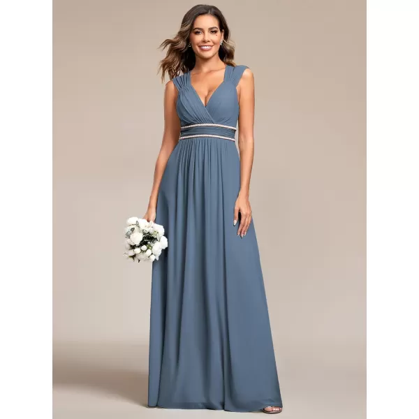 EverPretty Womens Chiffon V Neck Cap Sleeve Backless Pearl Waistline Bridesmaid Dress 08698USADusty Navy