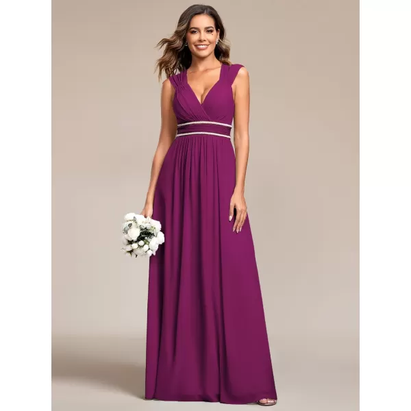 EverPretty Womens Chiffon V Neck Cap Sleeve Backless Pearl Waistline Bridesmaid Dress 08698USAFuchsia