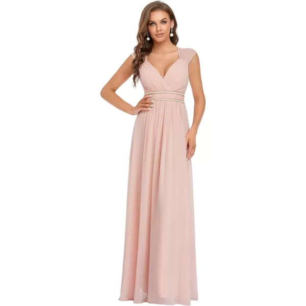 EverPretty Womens Chiffon V Neck Cap Sleeve Backless Pearl Waistline Bridesmaid Dress 08698USAPink