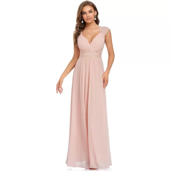 EverPretty Womens Chiffon V Neck Cap Sleeve Backless Pearl Waistline Bridesmaid Dress 08698USAPink