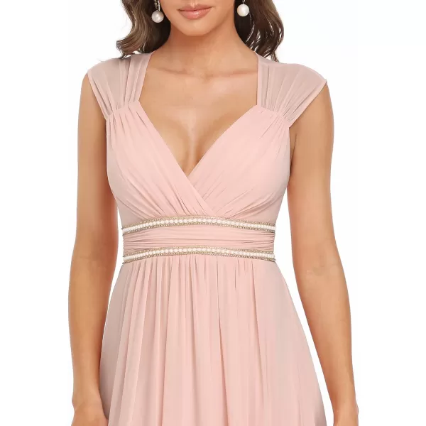 EverPretty Womens Chiffon V Neck Cap Sleeve Backless Pearl Waistline Bridesmaid Dress 08698USAPink