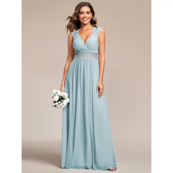 EverPretty Womens Chiffon V Neck Cap Sleeve Backless Pearl Waistline Bridesmaid Dress 08698USASky Blue