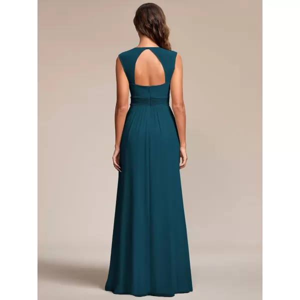 EverPretty Womens Chiffon V Neck Cap Sleeve Backless Pearl Waistline Bridesmaid Dress 08698USATeal