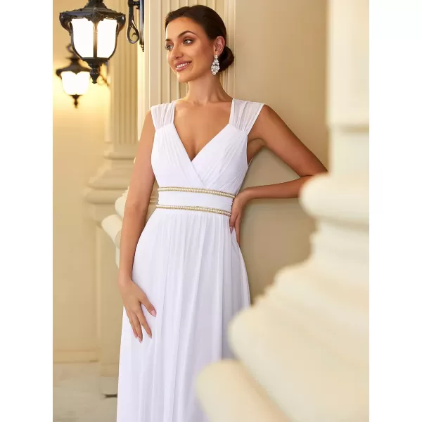 EverPretty Womens Chiffon V Neck Cap Sleeve Backless Pearl Waistline Bridesmaid Dress 08698USAWhite