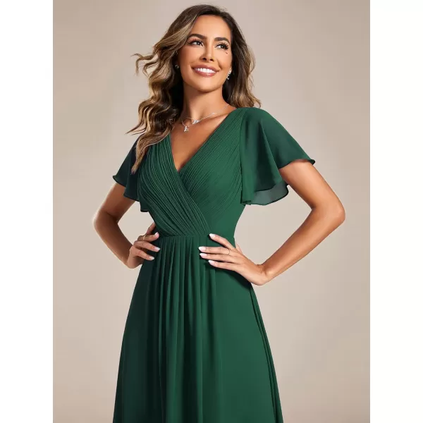 EverPretty Womens Chiffon VNeck Short Wedding Guest Dress with Ruffled Sleeves 01923Deep Green