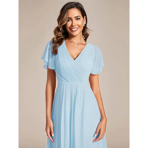 EverPretty Womens Chiffon VNeck Short Wedding Guest Dress with Ruffled Sleeves 01923Sky Blue