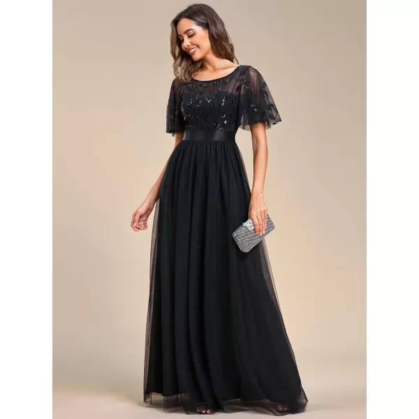 EverPretty Womens Crew Neck ALine Evening Cocktail Long Dress Ruffle Sleeve High Waist Beaded Bridesmaid Dresses 0904USABlack