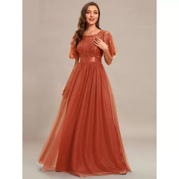 EverPretty Womens Crew Neck ALine Evening Cocktail Long Dress Ruffle Sleeve High Waist Beaded Bridesmaid Dresses 0904USABurnt Orange