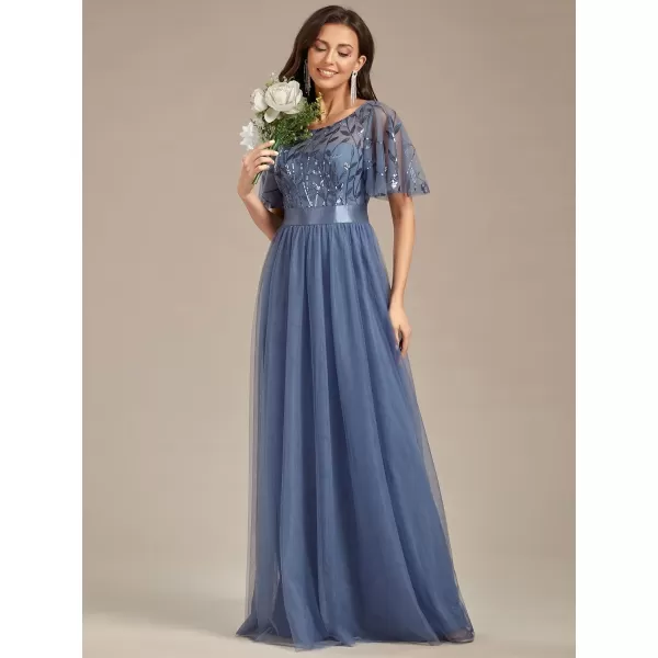 EverPretty Womens Crew Neck ALine Evening Cocktail Long Dress Ruffle Sleeve High Waist Beaded Bridesmaid Dresses 0904USAHaze Blue