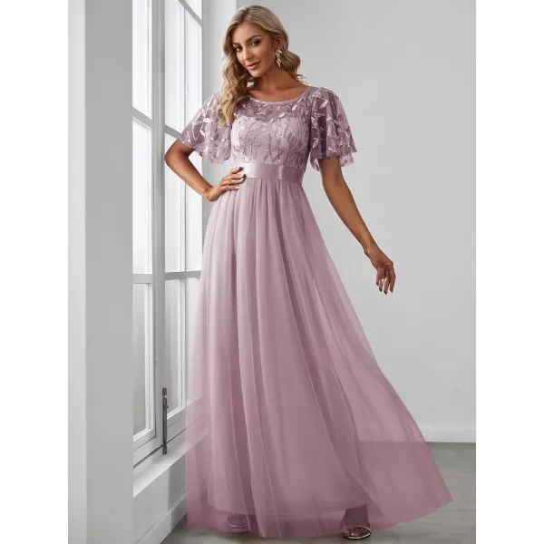 EverPretty Womens Crew Neck ALine Evening Cocktail Long Dress Ruffle Sleeve High Waist Beaded Bridesmaid Dresses 0904USALilac