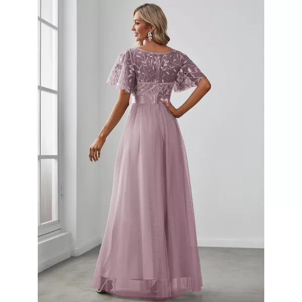 EverPretty Womens Crew Neck ALine Evening Cocktail Long Dress Ruffle Sleeve High Waist Beaded Bridesmaid Dresses 0904USALilac