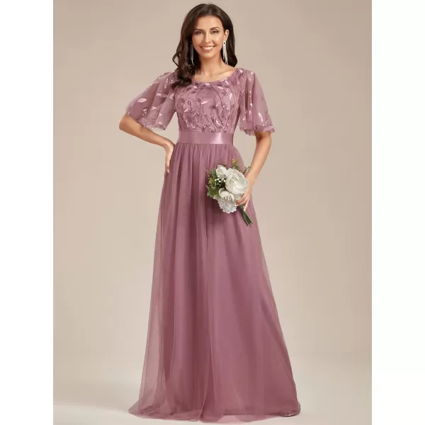 EverPretty Womens Crew Neck ALine Evening Cocktail Long Dress Ruffle Sleeve High Waist Beaded Bridesmaid Dresses 0904USAOrchid