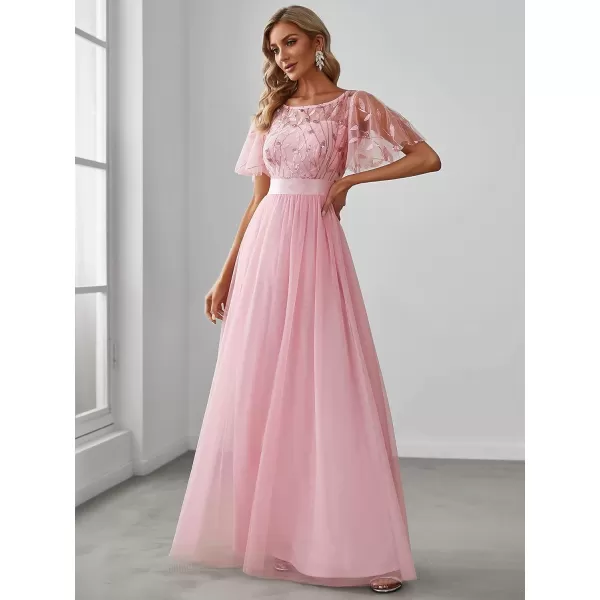 EverPretty Womens Crew Neck ALine Evening Cocktail Long Dress Ruffle Sleeve High Waist Beaded Bridesmaid Dresses 0904USAPink