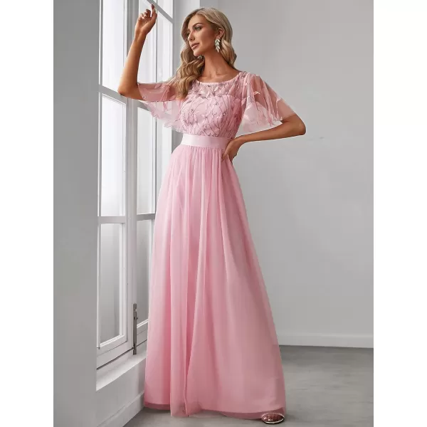 EverPretty Womens Crew Neck ALine Evening Cocktail Long Dress Ruffle Sleeve High Waist Beaded Bridesmaid Dresses 0904USAPink