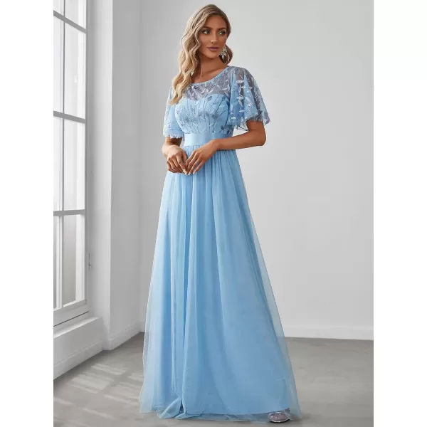 EverPretty Womens Crew Neck ALine Evening Cocktail Long Dress Ruffle Sleeve High Waist Beaded Bridesmaid Dresses 0904USASky Blue