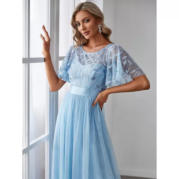 EverPretty Womens Crew Neck ALine Evening Cocktail Long Dress Ruffle Sleeve High Waist Beaded Bridesmaid Dresses 0904USASky Blue