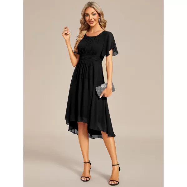 EverPretty Womens Crew Neck Pleated Waist Short Sleeve Wedding Guest Dress Chiffon Bridesmaid Dresses 02053Black