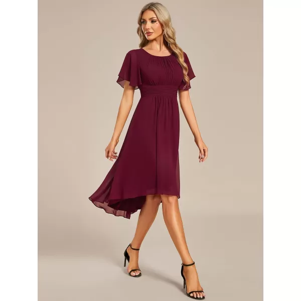 EverPretty Womens Crew Neck Pleated Waist Short Sleeve Wedding Guest Dress Chiffon Bridesmaid Dresses 02053Burgundy