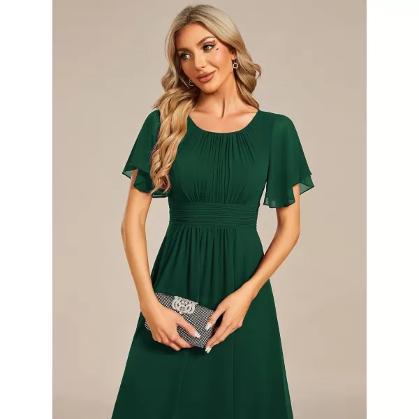 EverPretty Womens Crew Neck Pleated Waist Short Sleeve Wedding Guest Dress Chiffon Bridesmaid Dresses 02053Dark Green