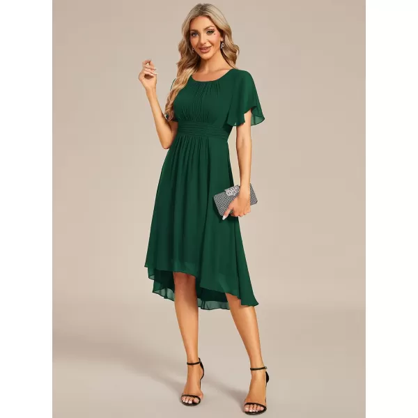 EverPretty Womens Crew Neck Pleated Waist Short Sleeve Wedding Guest Dress Chiffon Bridesmaid Dresses 02053Dark Green