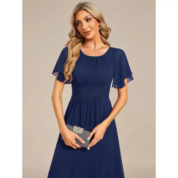 EverPretty Womens Crew Neck Pleated Waist Short Sleeve Wedding Guest Dress Chiffon Bridesmaid Dresses 02053Navy Blue