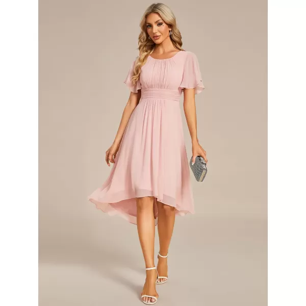 EverPretty Womens Crew Neck Pleated Waist Short Sleeve Wedding Guest Dress Chiffon Bridesmaid Dresses 02053Pink