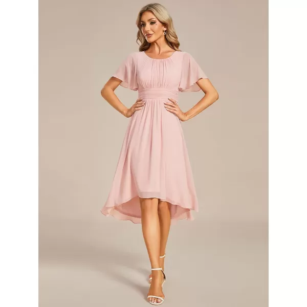 EverPretty Womens Crew Neck Pleated Waist Short Sleeve Wedding Guest Dress Chiffon Bridesmaid Dresses 02053Pink