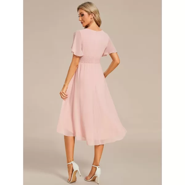 EverPretty Womens Crew Neck Pleated Waist Short Sleeve Wedding Guest Dress Chiffon Bridesmaid Dresses 02053Pink