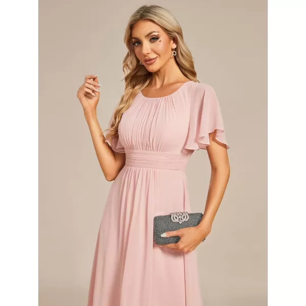 EverPretty Womens Crew Neck Pleated Waist Short Sleeve Wedding Guest Dress Chiffon Bridesmaid Dresses 02053Pink