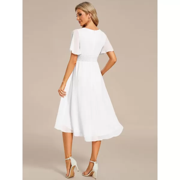 EverPretty Womens Crew Neck Pleated Waist Short Sleeve Wedding Guest Dress Chiffon Bridesmaid Dresses 02053White