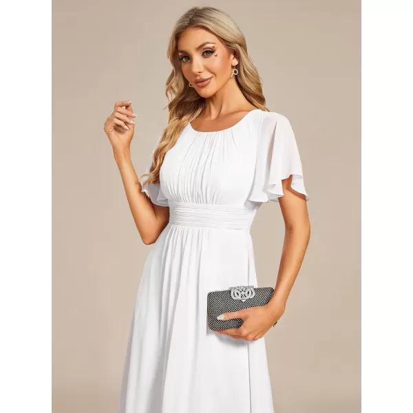 EverPretty Womens Crew Neck Pleated Waist Short Sleeve Wedding Guest Dress Chiffon Bridesmaid Dresses 02053White