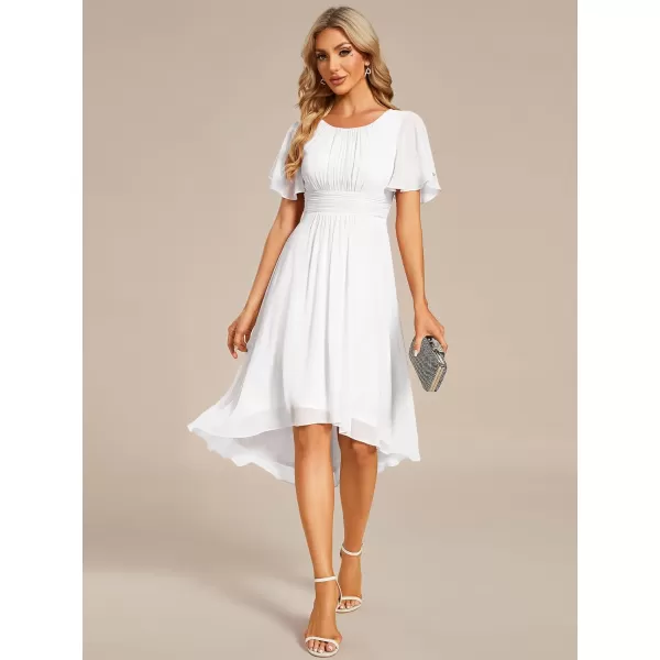 EverPretty Womens Crew Neck Pleated Waist Short Sleeve Wedding Guest Dress Chiffon Bridesmaid Dresses 02053White