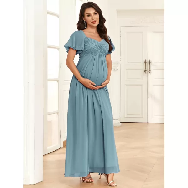 EverPretty Womens Double V Neck Short Sleeve Pleated A Line Chiffon Maternity Casual Dress 01565EYDusty Blue