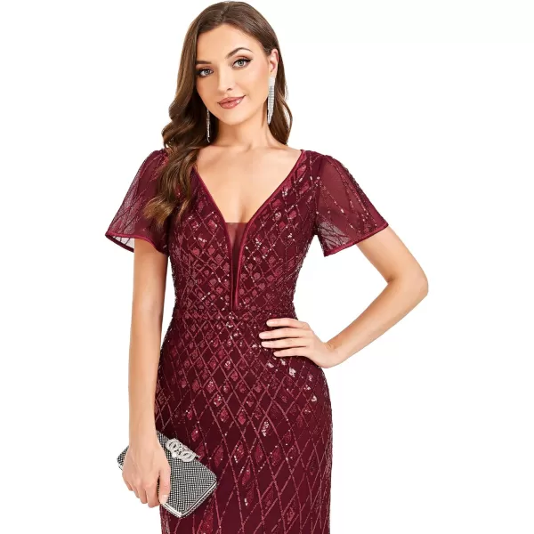 EverPretty Womens Double VNeck Short Sleeves Illusion Mermaid Glitter Maxi Evening Dresses 01398Burgundy