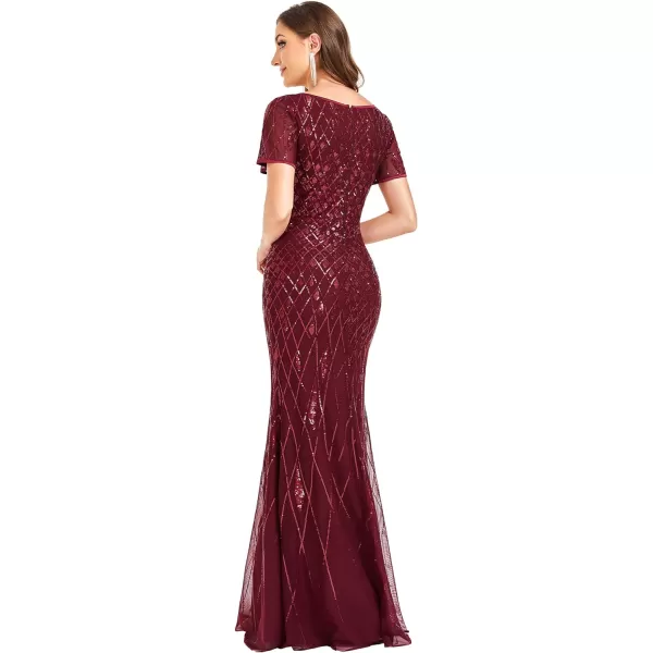 EverPretty Womens Double VNeck Short Sleeves Illusion Mermaid Glitter Maxi Evening Dresses 01398Burgundy