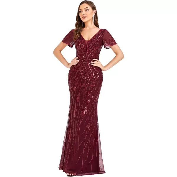 EverPretty Womens Double VNeck Short Sleeves Illusion Mermaid Glitter Maxi Evening Dresses 01398Burgundy