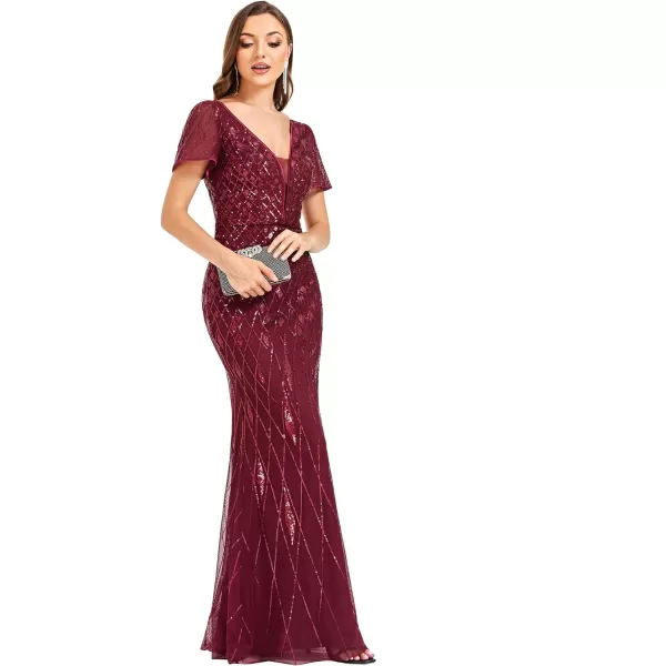 EverPretty Womens Double VNeck Short Sleeves Illusion Mermaid Glitter Maxi Evening Dresses 01398Burgundy